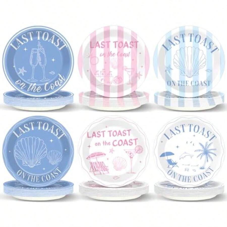 D60Pcs Last Toast On The Coast Bachelorette Party Plies Coastal Paper Plates Blue Beach Pool Cake Tableware Party Decorations For Birthday Baby Shower Wedding Favors For 60 Guest - 如圖 - 查看 1