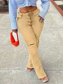 Versatile Washed Distressed Pocket Flare Jeans For Women, Suitable For Commuting, Casual Vacation, And Dating - Khaki - View 2