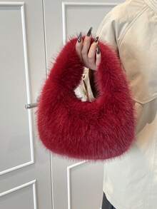 Túi xách lông xù mới thu đông 2025, túi đi làm đa năng hình mây và lưỡi liềm dài màu trơn, túi tote lông xù dành cho nữ - Đỏ - Xem 9