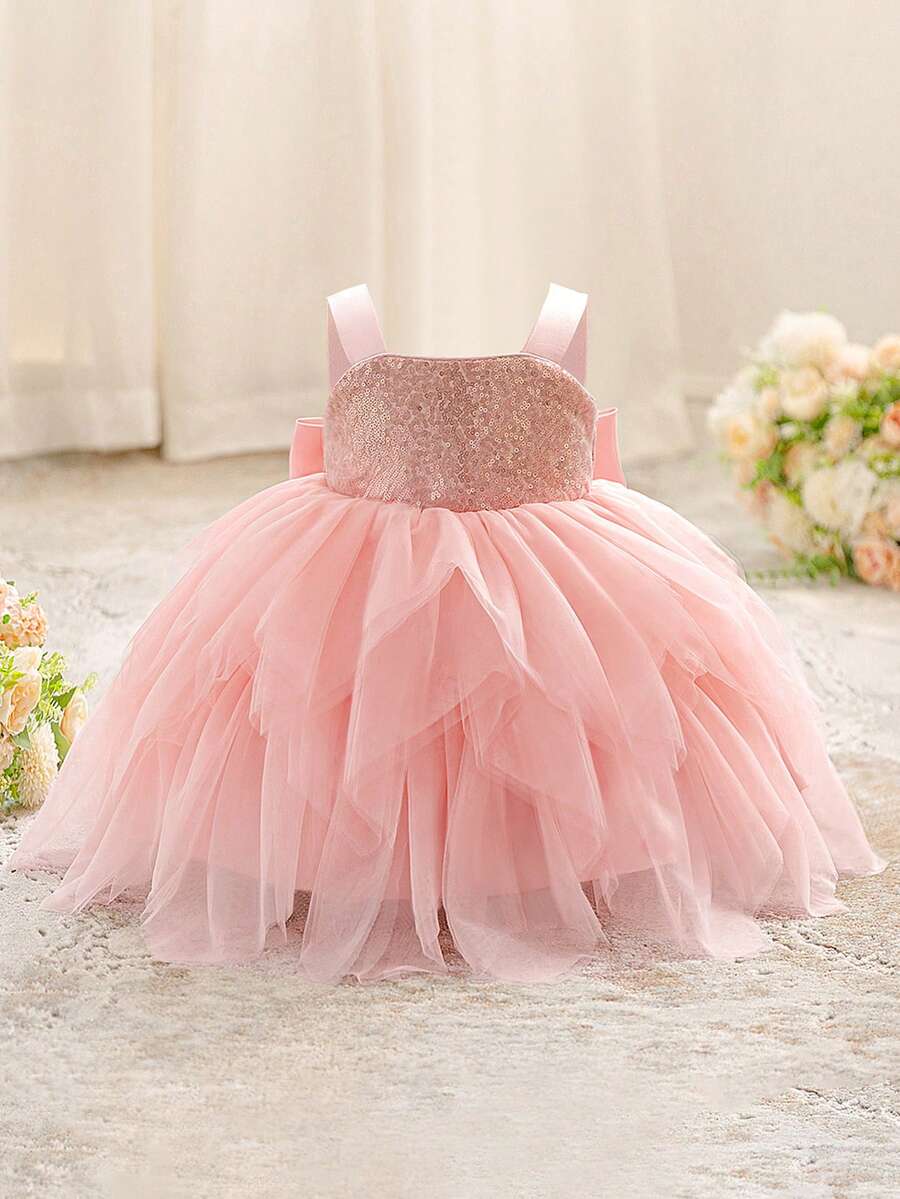 Baby Girls Sleeveless Sequin Bow Tulle Cute Flower Girl Wedding Party Princess Dress, Suitable For Birthday Party, Vacation, Excludes Headband