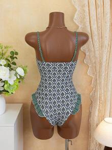 女士性感连体泳衣，随机印花深V领设计，夏季