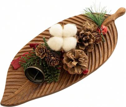 Medium Wooden Serving Tray - Decorative Charcuterie Board With Leaf Design, Acacia Wood Cheese Fruit Platter Table Centerpieces, Home Decor Wooden Trays