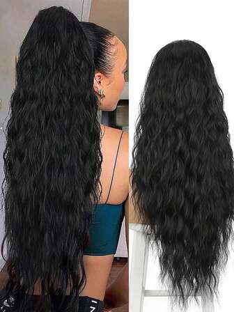 22-Inch Long Curly Drawstring Ponytail, Women's Synthetic Ponytail With Black Clip-On Hair Extensions, Suitable For Everyday Cosplay.