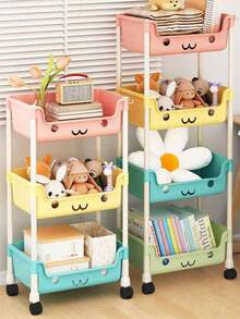 1pc Macaroon Color Storage Cart, Durable Household Bedroom Floor Standing Multi-Layer Organizer Rack, Living Room Plastic Macaroon Multi-Layer Storage Shelf With Wheels, Cartoon Storage Rack - Multicolor - View 1