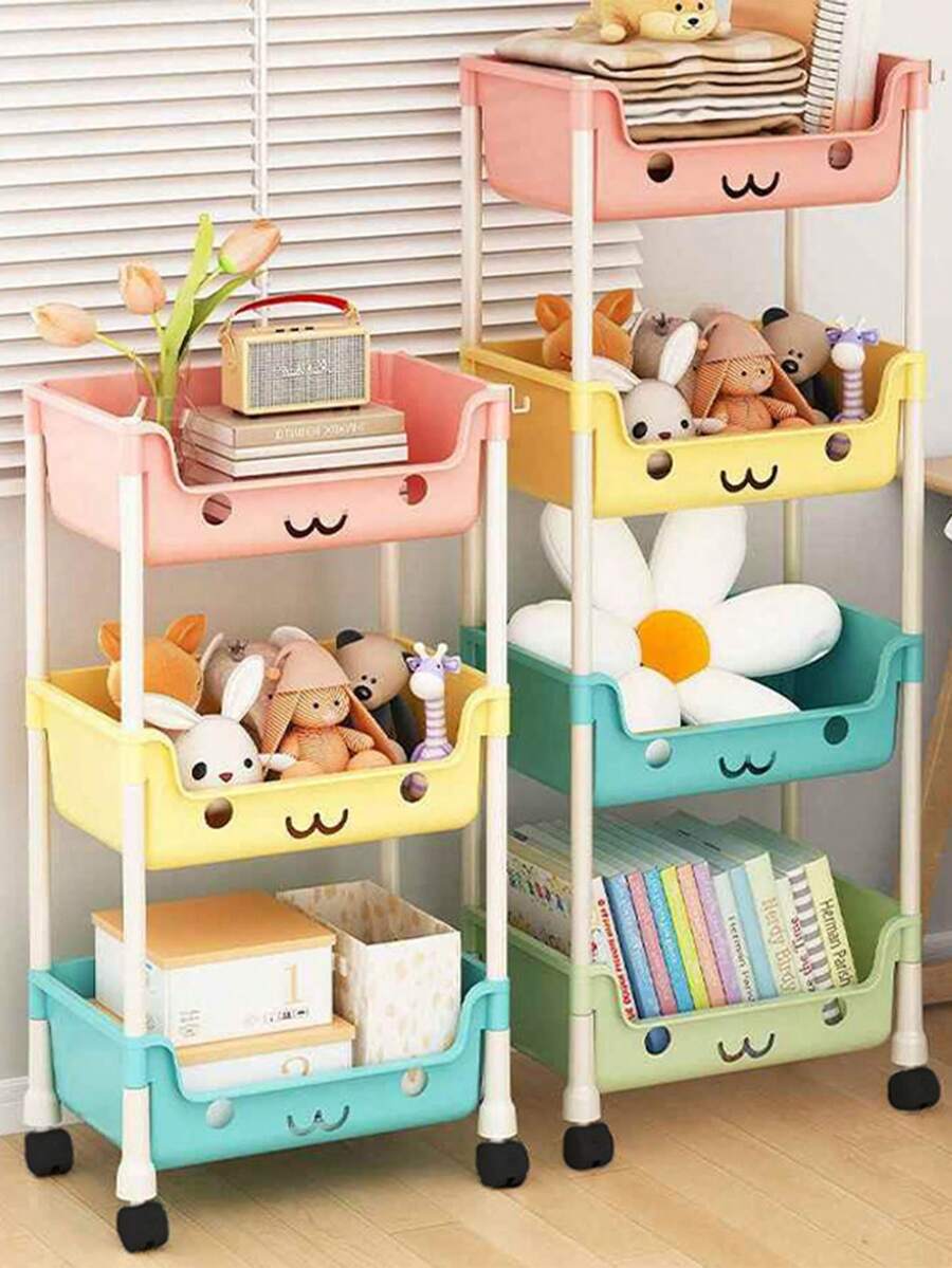 1pc Macaroon Color Storage Cart, Durable Household Bedroom Floor Standing Multi-Layer Organizer Rack, Living Room Plastic Macaroon Multi-Layer Storage Shelf With Wheels, Cartoon Storage Rack - Multicolor - View 1