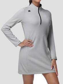 HOTSUIT 女款輕量針織抓絨連帽套頭長裙，1/4拉鍊，附袋鼠口袋，四向彈性，適合春季穿著 - 灰色 - 查看 5