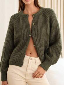 Women's Solid Color Round Neck Raglan Sleeve Long Sleeve Loose Front Button Casual Knit Cardigan - Dark Green - View 3