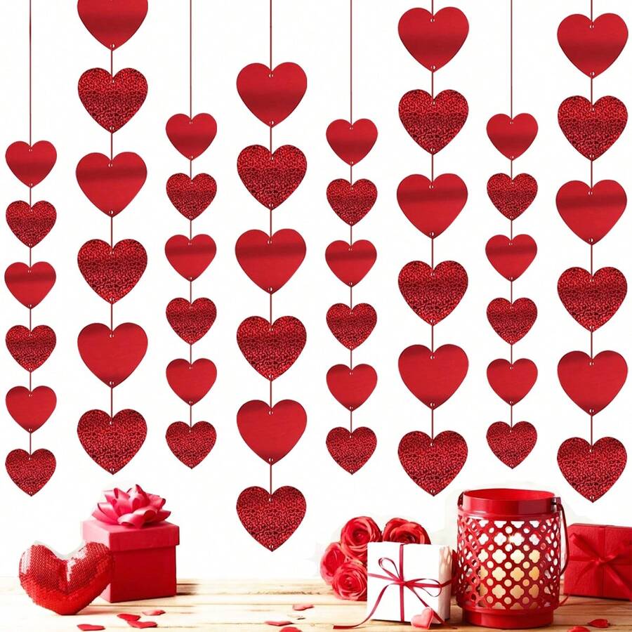 12/24 Pcs Red Heart Sequin Garland Banners Red Glitter Heart Hanging String Decoration Valentines Day DIY Hearts Garland Decoration For Wedding Valentine's Day Anniversary Party Home Decor - Red - View 1