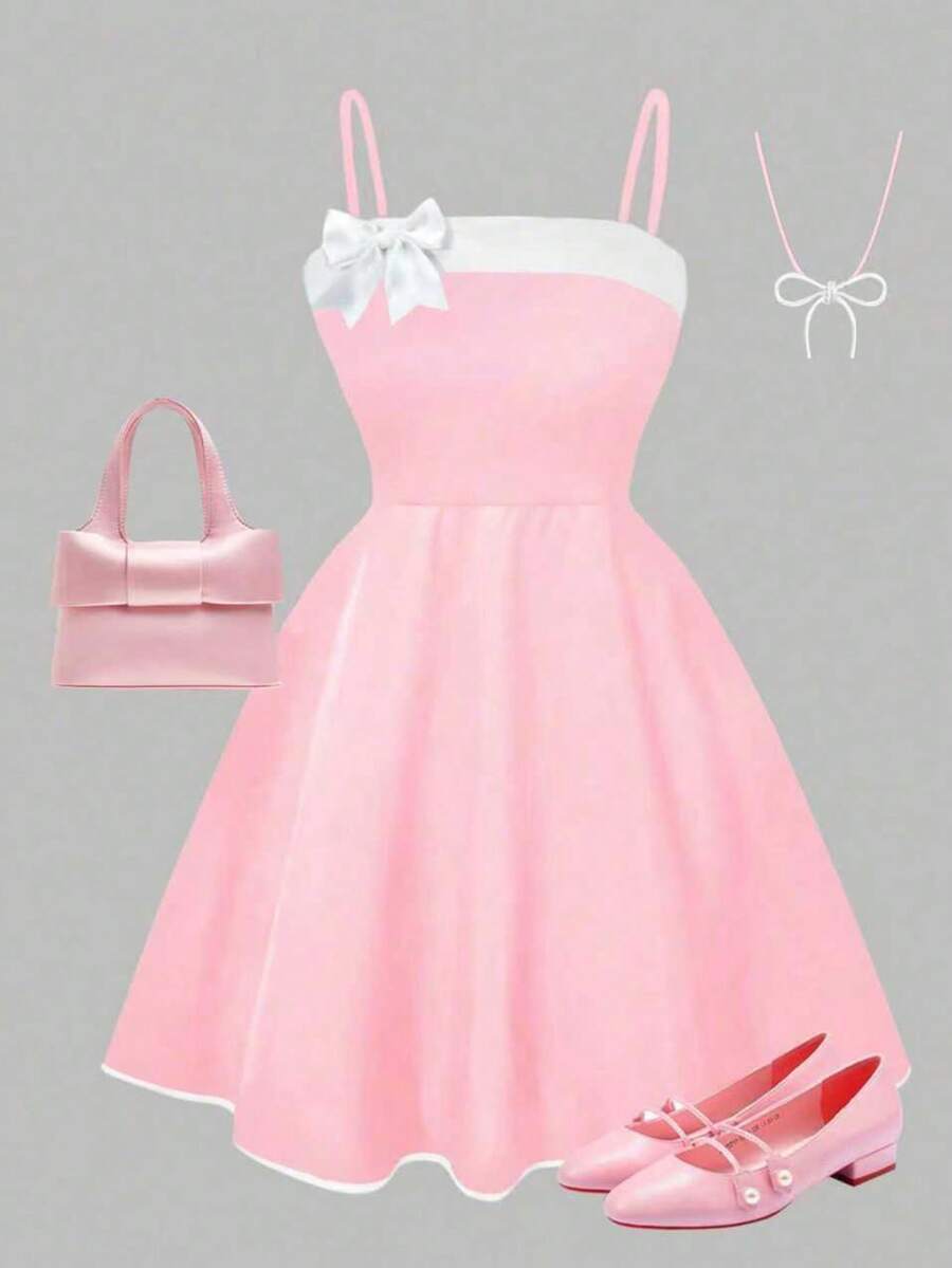 This Elegant And Fashionable Summer Girls' Dress Features A Simple Pink And White Color Block Design, With A Bow-Decorated Shoulder Strap. Suitable For Vacation, Valentine's Day, Birthday, Party, Daily Outdoor Travel And Other Occasions, Also Makes A Great Gift For Children. - Baby Pink - View 1