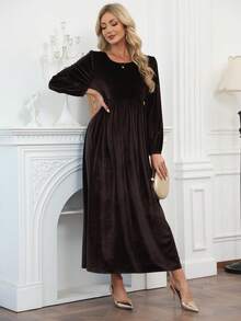 Women's Elegant Velvet Long Dress - Casual Solid Color Long Sleeve Round Neck