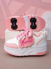 儿童四轮滑鞋,可拆卸轮子运动鞋,系带式Heelys轮滑鞋,男女童时尚休闲鞋 - 粉色 - 查看 2