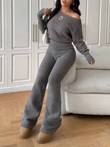Women's Casual Cute Fluffy Soft 2-Piece Set, Y2K Street Style Solid Color Off-Shoulder Knit Sweater Top Paired With Long Sleeve Knit Pants, Suitable For Daily Wear, Casual Home, Back To School Season, Autumn/Winter Outings, Also Suitable For Country Music Festivals, Christmas, Thanksgiving And New Year Occasions