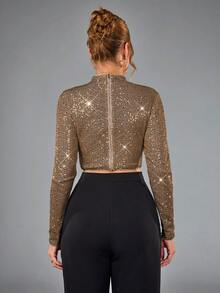 CHOSMO Áo corset đính hạt màu trơn bóng thanh lịch, thích hợp cho tiệc tùng, sinh nhật, kỷ niệm, tốt nghiệp, dạ hội, dạ hội nữ - màu nâu - Xem 3