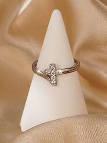 1pc Minimalist Cubic Zirconia Cross Ring, Fashion Copper Jewelry Accessory For Women, Suitable For Daily Wear, Party, Music Festival - Silver - View 4