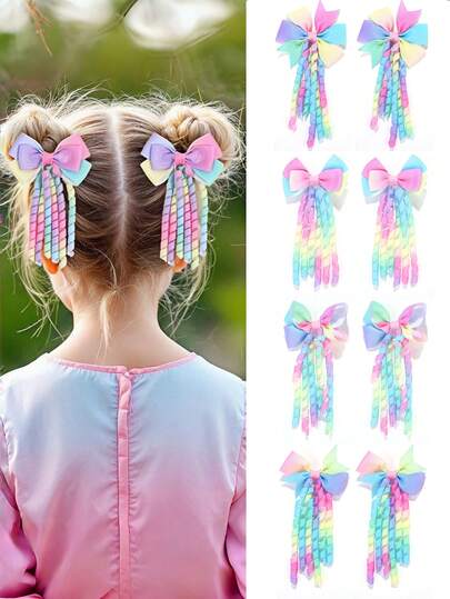 2pcs/Set Kids Girls Bowknot Colorful Hair Clips, Ombre Gradient Tassel Spiral Hair Accessories, Suitable For Daily Wear And Holiday Parties