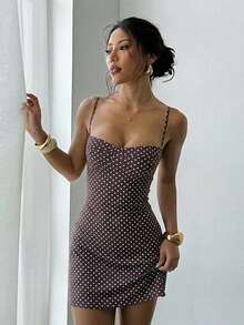 Valentine Outfits For Women A Short Summer Dress With Strappy Polka Dot Elements And Hot Girl Prints - Brown - View 5