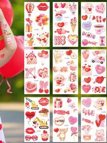 12 arkuszy tymczasowych tatuaży na walentynki, na ciało, dłoń, twarz, słodkie serduszka, naklejki na tatuaż na walentynki, materiały na naklejki ślubne - wzór ust/serca/pudełka na prezent/ciasto/cukierki/niedźwiedzia/psa/królika/kota, urocze naklejki z tatuażami na walentynki - Wielokolorowe - Zobacz 6