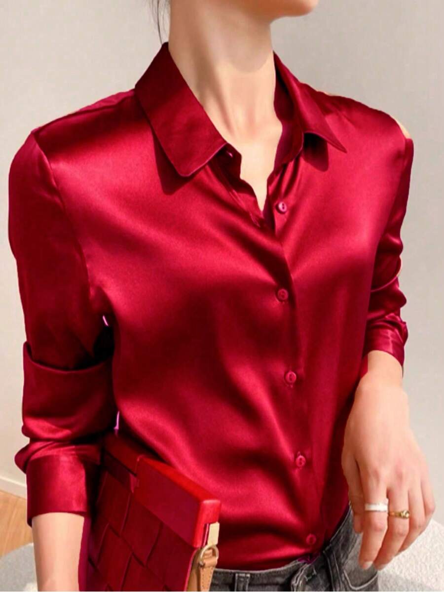 Camisa de manga larga con botones de unicolor elegante para mujer, adecuada para ir al trabajo, otoño - Burdeos - Ver 1