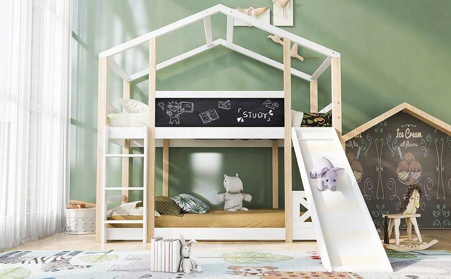 (=517234AAW) Children's Treehouse Bed With Slide & Ladder 90 X 200 Cm, Bunk Bed For Children – 2x Slatted Base – Natural & White - White - View 1