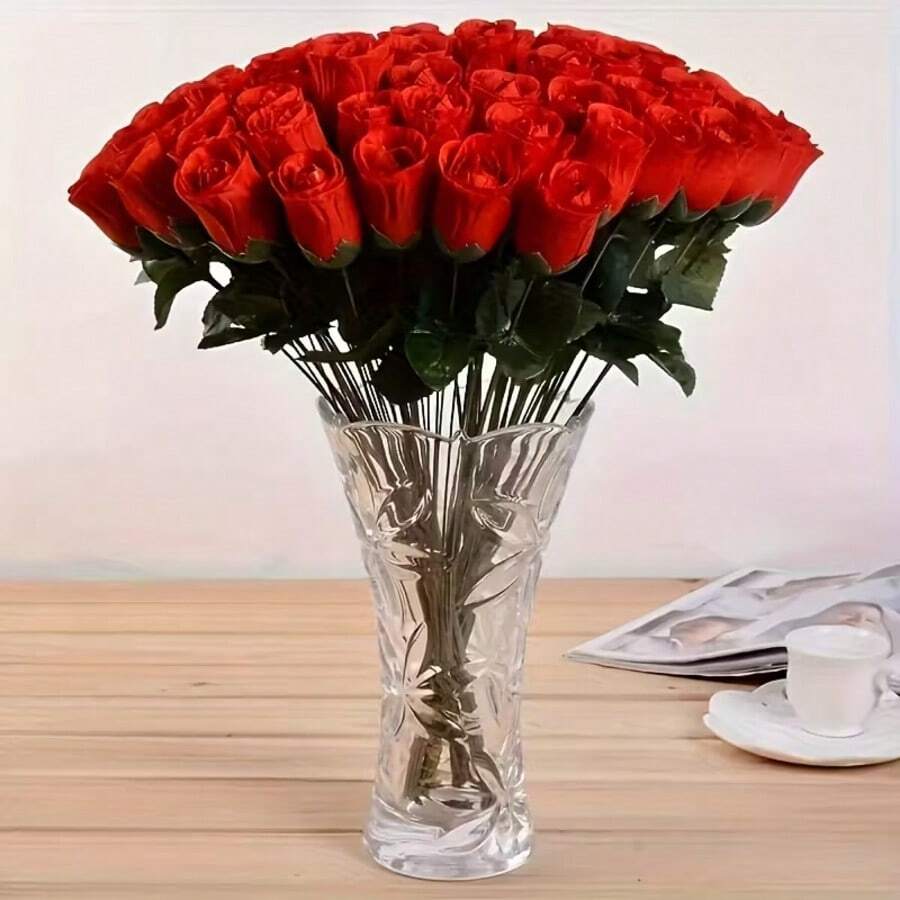 10 piezas Ramo de rosas artificiales - Rosas rojas realistas con hojas verdes densas, sin mantenimiento, adecuadas para bodas, hogar, decoración de fiestas de San Valentín - Arreglo floral falso duradero, decoración del hogar romántica, diseño de pétalos delicado, apariencia realista - Rojo - Ver 1