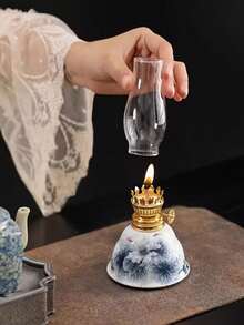 1pc Vintage Practical Ceramic Base Windproof Glass Candle Holder, Suitable For Home Decor, Atmospheric Retro Design, Nostalgic Ornament - Multicolor - View 8