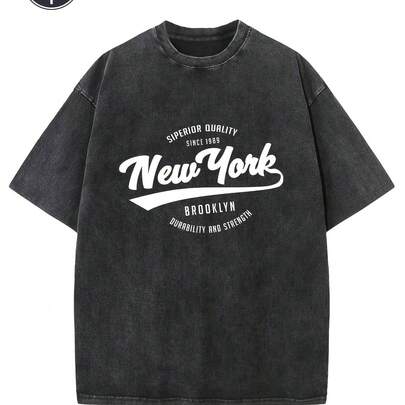 Camiseta estampada de patrón creativo de Nueva York, camiseta de algodón puro de 230g, camiseta de hombro caído, camiseta retro de calle para hombres, camiseta básica, camiseta unisex de hip-hop suelta, camiseta retro lavada