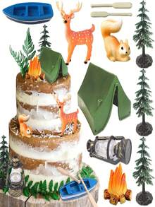 11 Peças Topos de Bolo para Festa de Camping Incluindo Tenda, Fogueira, Árvore, Barco, Cervo, Três Árvores, Tenda, Palitos para Cupcake, Decorações de Bolo Feliz Camping para Suprimentos de Festa de Camping - Multicolorido - Visão 5
