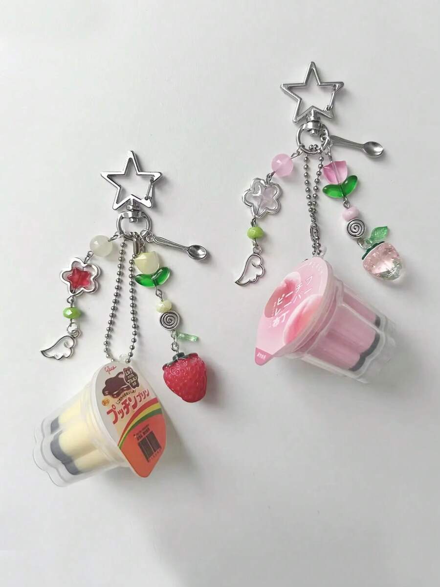 1PC Japanese Pudding Keychain, Pink Yellow Egg Flan Charm, Y2K Heisei Retro Aesthetic Beaded Accessory