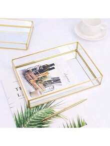1pc Rectangular Glass Tray, Cosmetic & Jewelry Display Plate, Gold