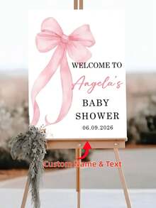 1pc Personalized Baby Shower Welcome Sign With Pink Bow - Customizable Name And Date Display Board, Suitable For Birthday, Wedding, Christening Party Decoration ,Bachelorette Party Favors, Birthday Gift - Multicolor - View 2