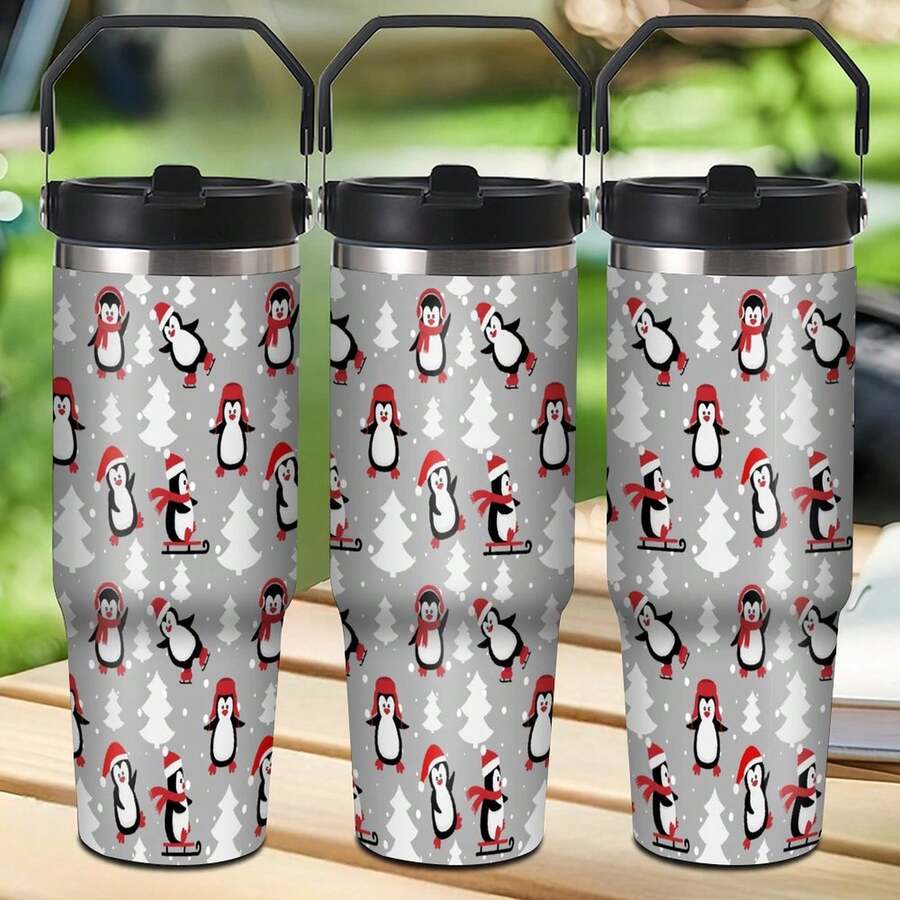 1 Pc 30oz Auto Cup, Stainless Steel Tumbler - Double Wall Insulated Travel Mug For Coffee & Water,Penguin Christmas Tree Snowflake Pattern Theme Termos, Cups Tumbler,Vasos,Keeps Drinks Hot Or Cold - Water Bottle For Women - Suitable For Car Outdoor Use, Christmas Gift,Perfect Gift For Outdoor Adventurers & Coffee Lovers, Student & Children Gifts, Mom Gifts For Christmas, Grandma Gifts - Black - View 1