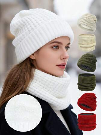 1 Set Solid Color Thermal Lined Pineapple Stitch Beanie And Neck Warmer Suitable For Winter Warmth And Daily Outdoor Activities Men Women Clothing Winter