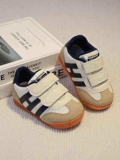 1 Pair Toddler Boys' White & Blue Sports Shoes, Soft Mesh + Leather Patchwork, Classic Dual Hook And Loop Design, Round Toe Soft Sole, Fashionable & Cute Casual Sneakers, Suitable For 1-12 Years Old Boys & Girls, Daily, Vacation, School, Holiday, Spring/Autumn