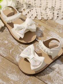 2026 Girls Metallic Flower Decor Glossy Non-Slip Open Toe Flat Sandals, Fresh Countryside Style, Suitable For Summer Outings, Festivals And Garden Parties - Beige - View 4