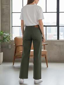 Women's High Waisted Jeans, Wide Leg Pants, Current Fashion - Dark Green - View 2