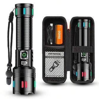 1 PIEZA Linterna LED, 1000 lúmenes, luz táctica portátil recargable, 5 modos, alcance de 500 m, larga distancia, aleación de aluminio, USB tipo C, pantalla digital de energía, linterna multifuncional, para exteriores, pesca, camping, emergencia - Caja de color / Caja de regalo.