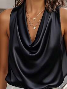 时尚垂褶领黑色缎面上衣 - 黑色 - 查看 2