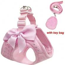 Soft Breathable Dog Harness With Rhinestone Decoration, Black & Pink Strap Leash, Comfortable Pet Collar - Black - View 3