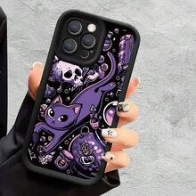 Purple Witchy Cat With Skulls, Potions & Occult Elements Patterned Fine-Hole Black Matte Step Phone Case, Comfortable Grip, Exquisite Printing, Novel Design, Compatible With IPhone 17/16/15/14/13/12/11/X And  S/A S25/S24/S23/S22/S21 PLUS ULTRAlong Sleeve Tops - 款式1(1pc) - 查看 1