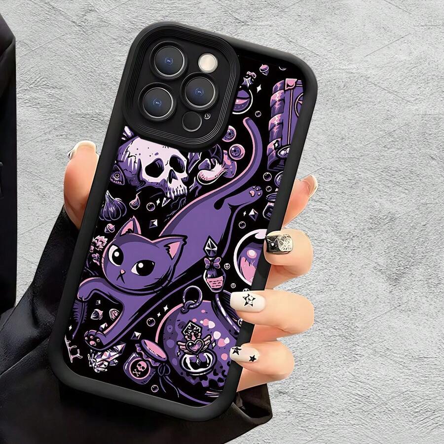 Purple Witchy Cat With Skulls, Potions & Occult Elements Patterned Fine-Hole Black Matte Step Phone Case, Comfortable Grip, Exquisite Printing, Novel Design, Compatible With IPhone 17/16/15/14/13/12/11/X And  S/A S25/S24/S23/S22/S21 PLUS ULTRAlong Sleeve Tops - 款式1(1pc) - 查看 1