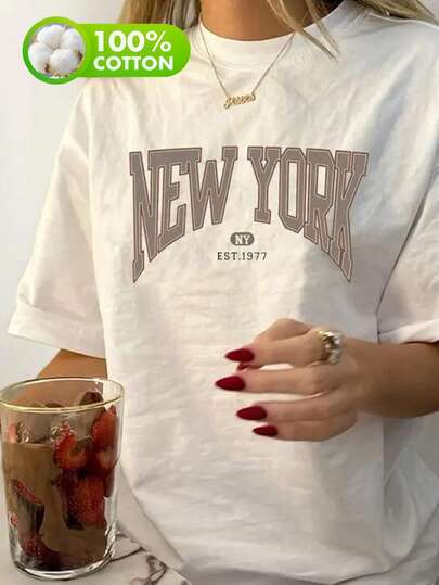 Camiseta gráfica vintage de Nueva York para mujeres |   Ligero y transpirable, color ágata llamativo "New York Et." 50.22eter" Letra, Lavable a Máquina, Suéter Casual de Cuello Redondo, Camiseta de Moda de Fin de Semana, Adecuada para Todas las Estaciones