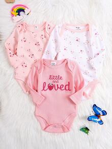 DILAVEL 3件套新生儿秋冬长袖连体衣套装，刺绣花卉图案，豹纹印花，圆领设计，适合户外穿着 - 淺粉色 - 查看 2