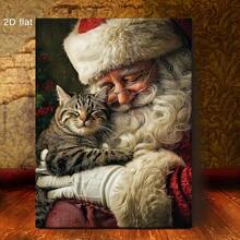 Arte en lienzo con marco de madera de Santa Claus y Tabby - Decoración de pared clásica con santo blanco, beso lindo, póster navideño pre-montado para el hogar, dormitorio, baño - Reutilizable todo el año (sin herramientas necesarias), plano 2D, decoración - Multicolor - Ver 5