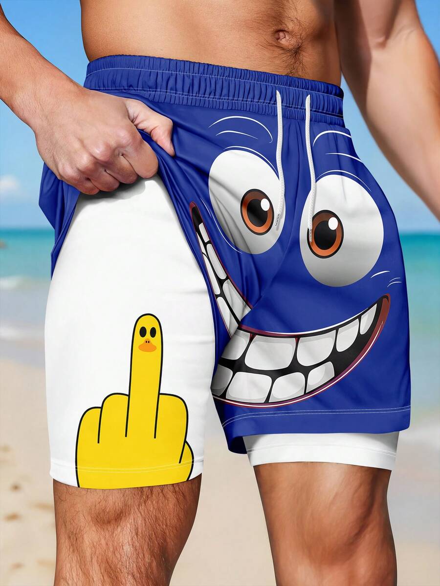 Roliga tryckta shorts med dubbla lager för män - Multifärgad - Visa 1