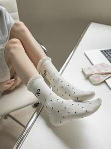 4-Pack Of Women's Mid-Calf Socks With Bow Pattern, Soft And Comfortable, Black And White Color Scheme, Suitable For All Seasons. - 彩色 - 查看 4