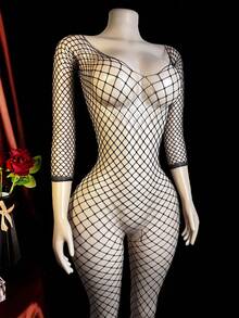 1pc Sexy Lingerie Women's Carnival Clothing, Holiday Love Clothing, Jumpsuit Pajamas, Transparent Mesh Fishing Net Jumpsuit Socks, Crochet Transparent Love Jumpsuit, Suitable For Valentine's Day Lovers, Partners, Date Gift Sets, Pajamas, Underwear Wearing - Black - View 3