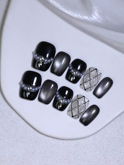 10 st. korta fyrkantiga lyxiga 100 % handgjorda press-on naglar - svarta och månskensfärgade kattögonnageltippar med strass, pärlnageldekoration, fransk design, återanvändbara heltäckande lösnaglar för kvinnor, eleganta fest- och vardagskläder