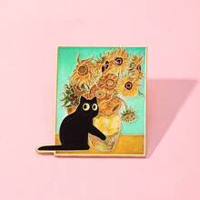 Broșă emailată cu pisică neagră cu floarea-soarelui Van Gogh, broșe decorative de modă, ornamente, rever, geantă, insigne, bijuterii, cadouri