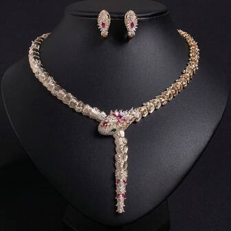 1 Necklace 1 Pair Earrings Nigerian Women Dubai Gold Snake Style Jewelry Set Includes Bridal Necklace, Earrings, Clothing And Jewelry, Ideal Gift For Wedding Dresses