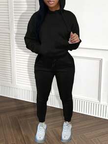 女士连帽长袖口袋纯色休闲日常上衣和裤子套装 春季服装 黑色 - 黑色 - 查看 2